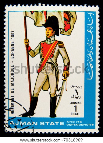 AJMAN - CIRCA 1970s: A stamp printed in Ajman (now part of the United Arab Emirates) shows image Spanish army officer in uniform, circa 1970s