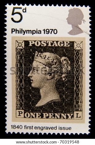 UNITED KINGDOM - CIRCA 1970: An English  Postage Stamp showing world\'s first prepaid stamp, the Penny Black, Great Britain 1840 , circa 1970