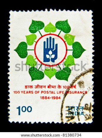 INDIA - CIRCA 1984: A stamp printed in India devoted to the 100th Anniversary of Postal Service, circa 1984