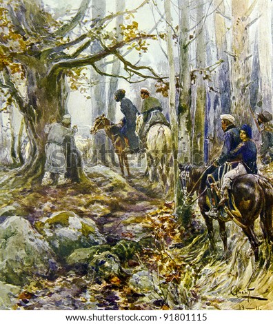 Russian partisans in the woods -  illustration by artist A.P. Apsit from book \