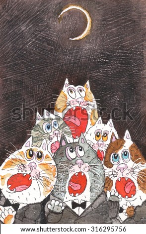 many cats at night under the moon singing a song in chorus watercolor