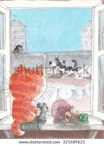 red cat and the little mouse sitting on a window sill and looking into the yard as the dog runs around the house fence blue sky, a fairy tale fiction a vivid illustration of beautiful watercolor art