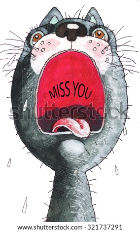 screaming cat tears cry grey animal mouth illustration watercolor art