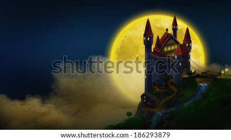 Fairy tale castle with a bridge in the night sky and the moon