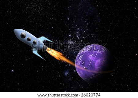 Spaceship And Planet In Space. Flight on the spaceship from the unknown planet