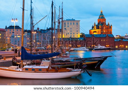 Colorful evening scenery of the Old Port in Katajanokka district of Helsinki, Finland