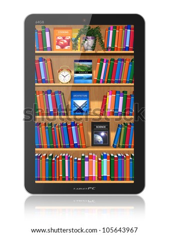 Bookshelf in tablet computer isolated on white background with reflection effect