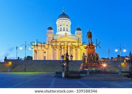 Famous landmark in Finnish capital: Senate Square with Lutheran cathedral and monument to Russian emperor Alexander II