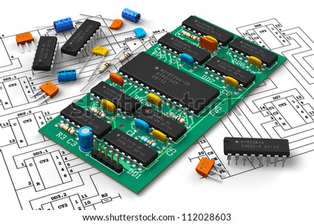 Electronics industry concept: digital circuit board with microchips over schematic diagram isolated on white background