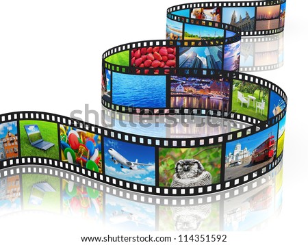 Streaming media concept: filmstrip with colorful photos isolated on white background with reflection effect