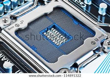 Macro view of CPU socket on PC computer motherboard
