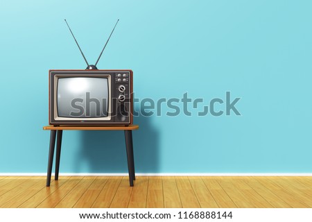 Creative abstract 3D render illustration of the old retro TV television set with antenna on table against blue vintage wall background and wooden plank floor in the room