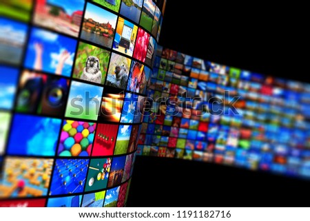 Web streaming media TV video service technology, multimedia business internet communication and cinema content production concept: 3D render of black background with endless walls of display screens