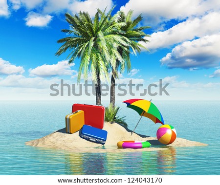 Travel, tourism and vacations concept: travel cases luggage, umbrella. beach ball and lifebelt on lonely island with green palm trees in tropical sea water summer landscape with blue sky with clouds