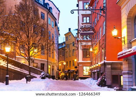 Evening Winter Scenery Of Street In Old Town (Gamla Stan) In Stockholm, Sweden