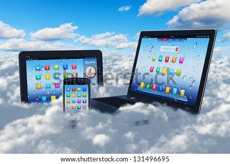 Creative cloud computing concept: modern laptop notebook, tablet computer PC and black glossy touchscreen smartphone in the blue sky with clouds