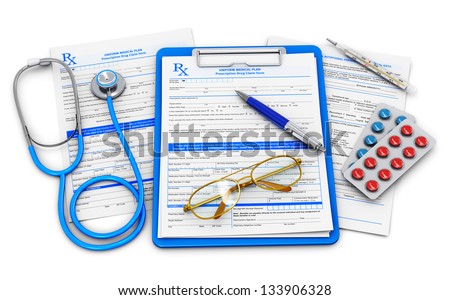 Medical doctor insurance and healthcare concept: clipboard with prescription medicine drug claim form, stethoscope, eyeglasses and blue ballpoint pen isolated on white background