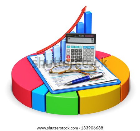 Business finance, tax, accounting, statistics and analytic research concept: office calculator, bar graph, pen and eyeglasses on financial reports in clipboard on color pie chart isolated on white