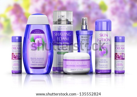 Healthcare, body care and cosmetics concept: set of various bottles and containers isolated on white floral background with reflection effect