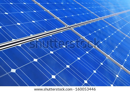 Creative solar power generation technology, alternative energy and environment protection ecology business concept: macro view of blue solar battery panels with selective focus effect
