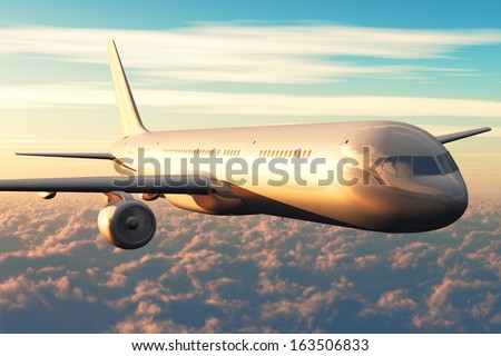 Creative abstract air flight business travel and aircraft transportation technology industrial concept: big commercial passenger airliner flying above the clouds in blue sky in sunset