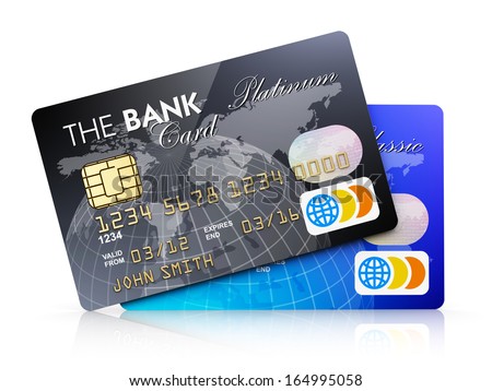 Creative abstract electronic banking and finance business concept: set of plastic credit cards isolated on white background with reflection effect