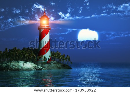 Night scenery of tropical sea coast with lighthouse and full moon at the midnight