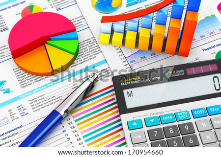 Business Finance, Tax, Accounting, Statistics And Analytic Research Concept: Office Electronic Calculator, Bar Graph Charts, Pie Diagram And Ballpoint Pen On Financial Reports With Colorful Data