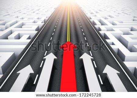 Creative Abstract Success, Leadership And Business Competition Challenge Corporate Concept: Group Of Arrows Moving By Highway Over Endless Labyrinth