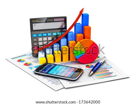 Business financial success, tax and accounting, statistics and analytic research concept: office electronic calculator, color bar graph charts, pie diagram, smartphone and pen on financial reports