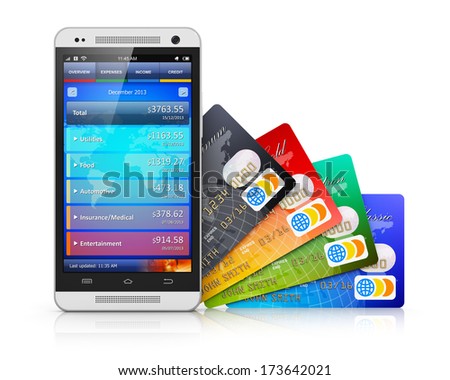Mobile Banking, Business Finance And Making Money Commercial Technology Concept: Modern Metal Black Glossy Touchscreen Smartphone With Personal Wallet Application And Group Of Color Credit Cards