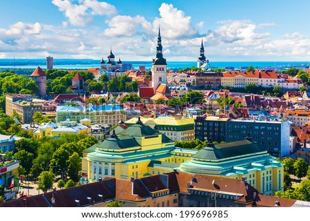 Scenic summer aerial view of the Old Town architecture in Tallinn, Estonia