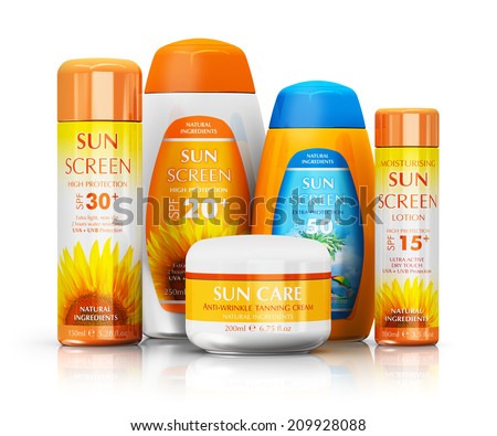 Set of orange sun skin care protection cosmetic bottles and containers isolated on white background with reflection effect