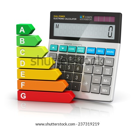 Creative abstract power saving and home budget economy business concept: color energy efficiency rating comparison scale and office electronic calculator isolated on white background with reflection