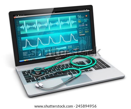 Creative abstract healthcare, medicine and cardiology tool concept: laptop or notebook computer with medical cardiologic diagnostic test software on screen and stethoscope isolated on white background