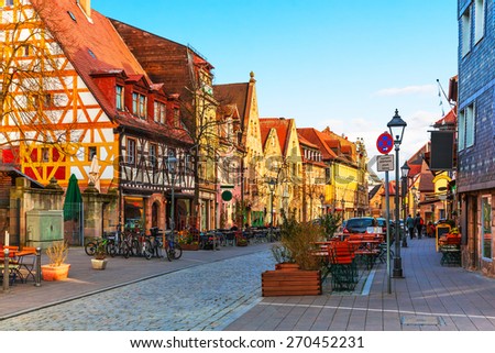 Scenic sunset view of ancient buildings and street architecture in the Old Town of Furth, Bavaria, Germany