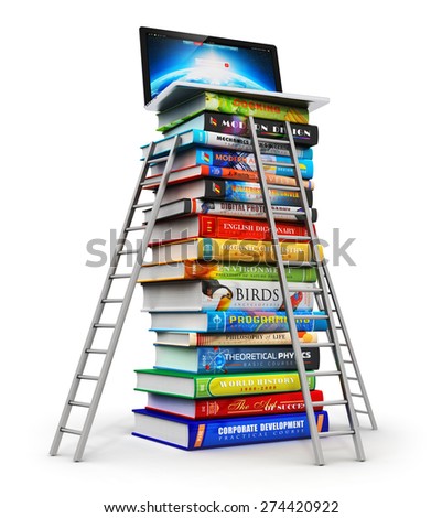 Knowledge and electronic online internet web education business office concept: stack of color hardcover books with stepladders and laptop or notebook computer PC on top isolated on white background