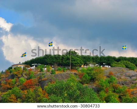 Swedish flags on the hill in Stockholm
