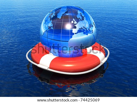 Earth globe in lifebuoy floating in water