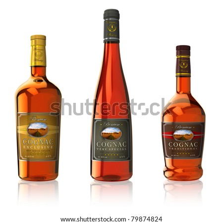 Set of three cognac bottles isolated on white reflective background
