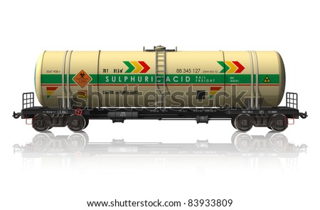 Chemical tanker railroad car isolated on white reflective background