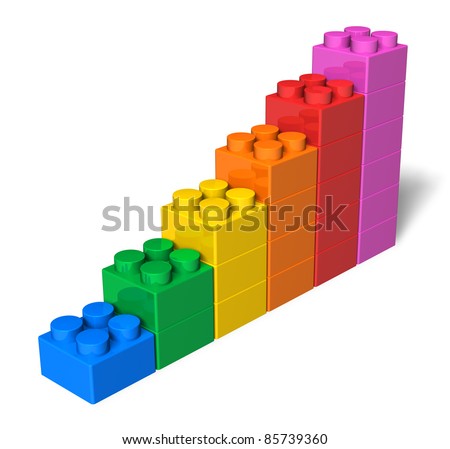 Growing bar chart from color toy blocks isolated on white background