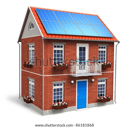 Residential house with solar batteries on the roof isolated on white background