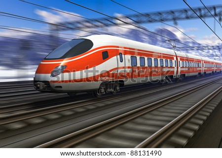 Computer generated red modern high speed train passing snowy mountain railroad station with motion blur effect