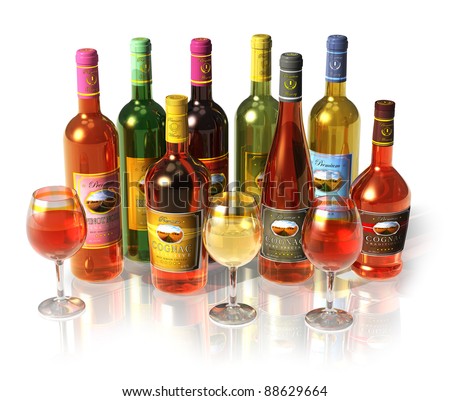 Computer generated set of wine and cognac bottles and goblets isolated on white reflective background