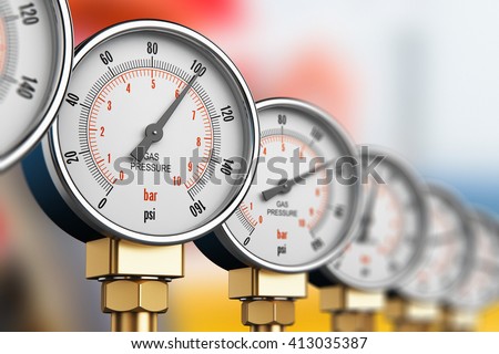 Oil and gas fuel manufacturing industry concept: 3D render illustration of row of metal steel high pressure gauge meters or manometers on tubing pipeline at LNG or LPG distribution station facility