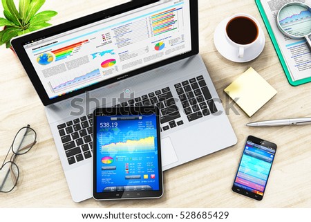 Communication and business work concept: 3D render of laptop or notebook, tablet computer PC with stock market exchange internet application, smartphone or mobile phone, cup of coffee on office table