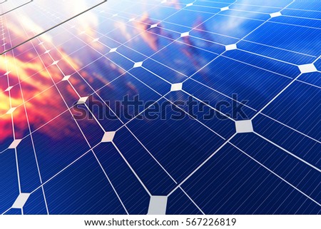 Solar power generation technology, alternative energy and environment protection ecology business concept: 3D render of solar battery panel modules against scenic sunset with blue sky with sun light