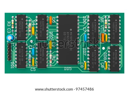 Digital circuit board with microchips isolated on white background