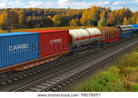 Scenic view of mixed freight train within rural landscape